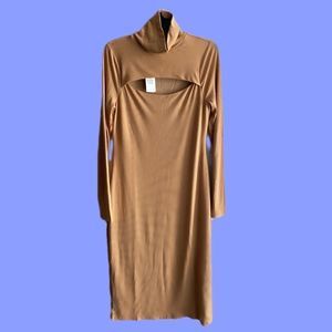 Tan ribbed long sleeve fitted dress